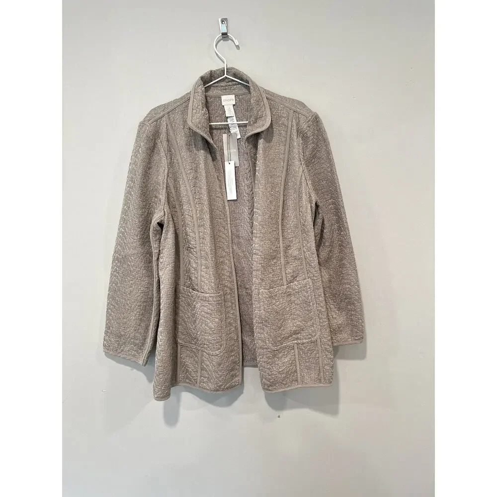 Chico's Duster Open Tan Long Sleeve Reversible with Pockets Textured Size 3 1409